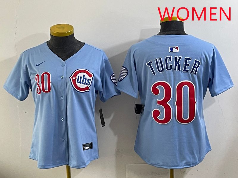 Women 2025 Chicago Cubs #30 Tucker Light Blue Throwback Game Nike MLB Jersey style 2->women mlb jersey->Women Jersey